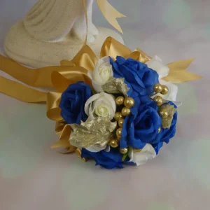 Royal Blue and Gold Bridesmaid Bouquet and Natchon Boutonniere