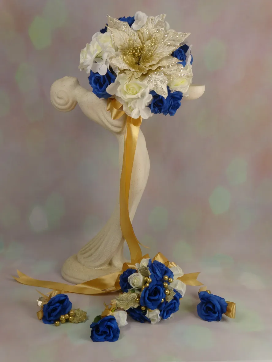 Royal Blue and Gold Bridal Bouquet 5 piece Package - Image 2