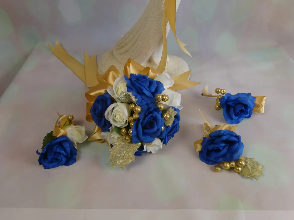 Royal Blue and Gold Bridesmaid Bouquet and Natchon Boutonniere - Image 3