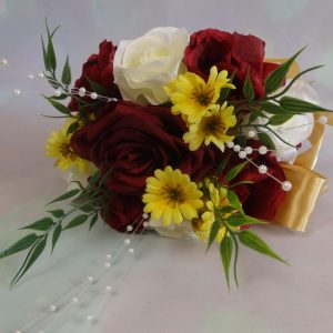 Burgundy, White & Gold Bridesmaid Bouquet and Matching Boutonniere