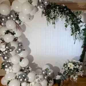 White and Silver Balloons with Wisteria arch