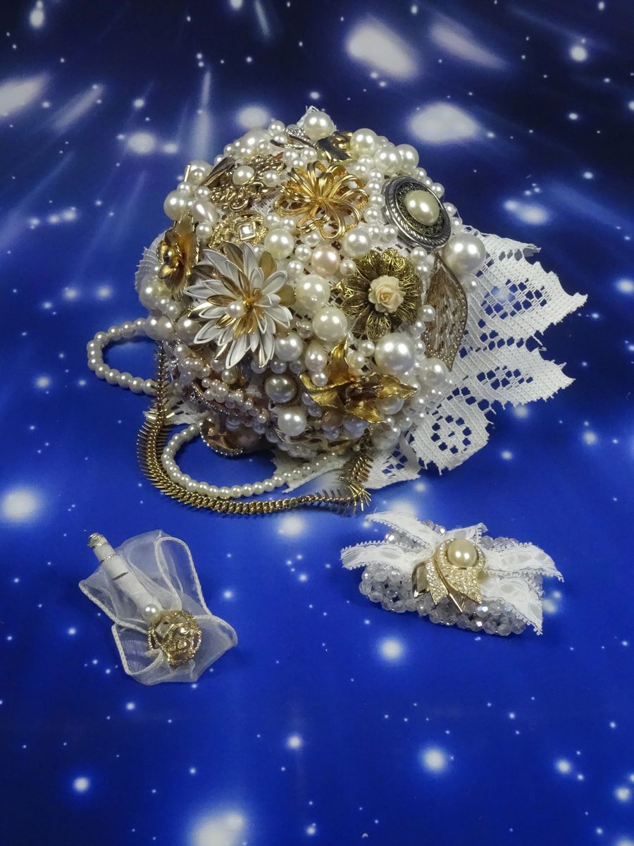 Vintage Gold and Pearls Brooch Bouquet 3 Piece Package