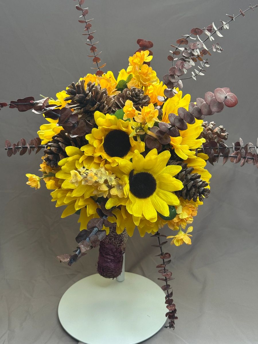 Sunflowers and Pine Cones Bridal Bouquet and Boutonnière