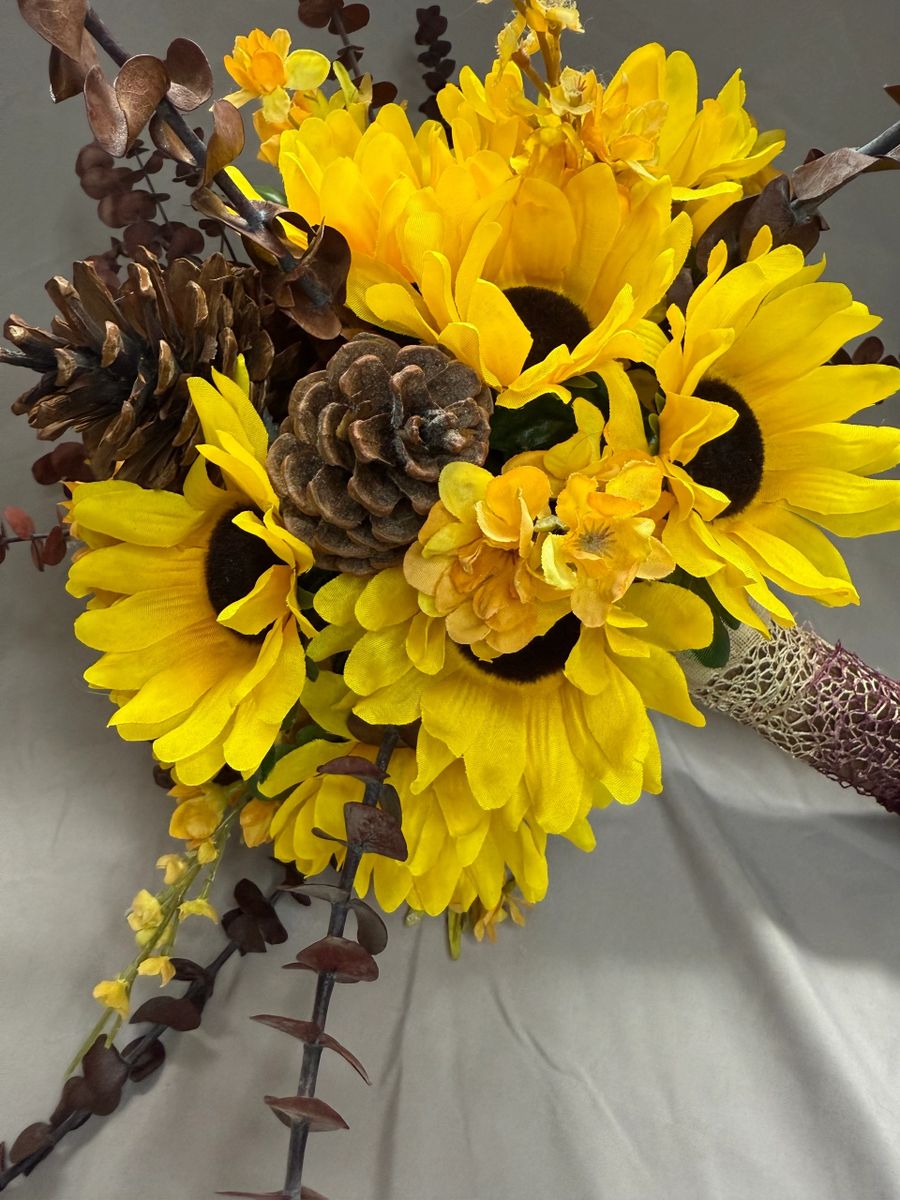 Sunflowers and Pine Cones Bridal Bouquet and Boutonnière - Image 2