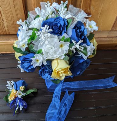 Royal Blue Bridal Bouquet & Matching Bout - Image 4