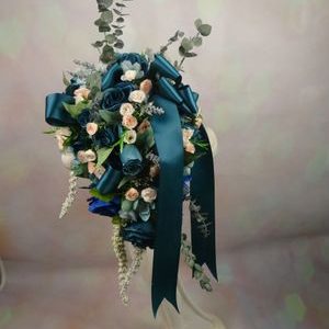 Dark Teal and Blush Pink Cascading Bridal Bouquet & Boutonniere